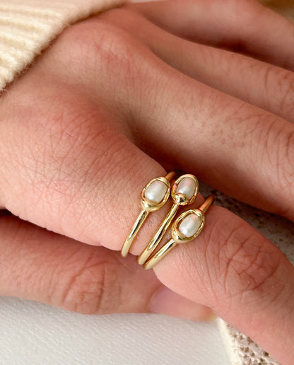 Single Freshwater Pearl Ring – Sortija Dorada Ajustable con Perla de Agua Dulce Natural