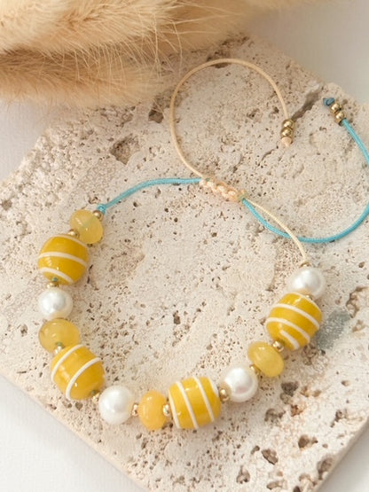 Swirls Lampwork – Pulsera Ajustable con Beads de Vidrio y Perlas