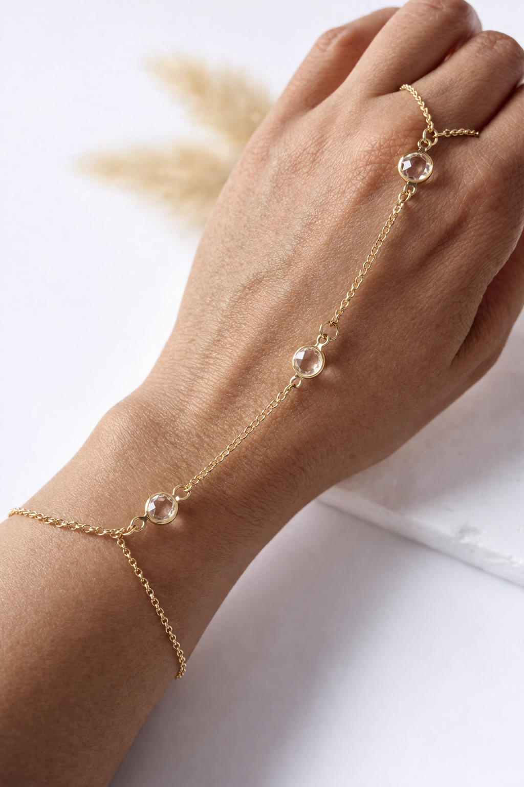 Pulsera Anillo Luz de Cristal | Hand Chain Elegante Ajustable Mujer